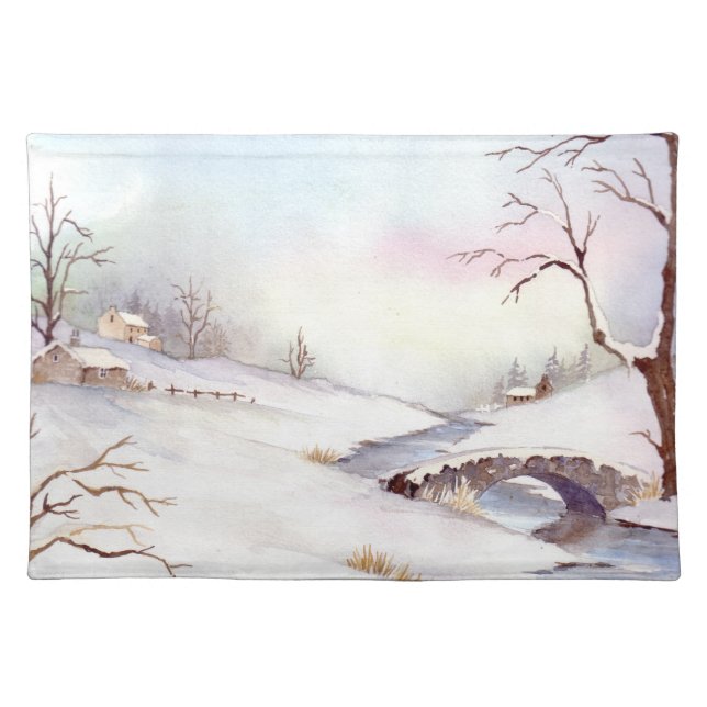 Snowy Bridge Watercolor Landscape Painting Cloth Placemat (Front)
