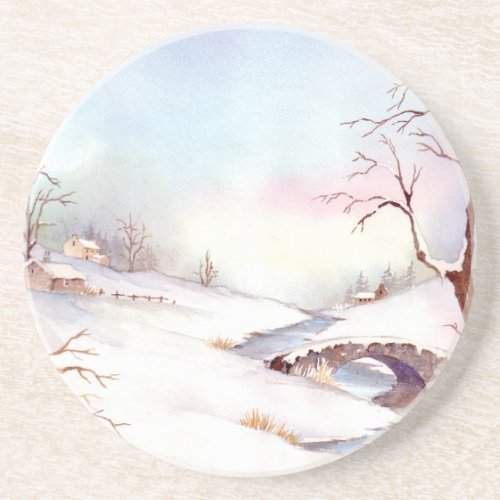 Snowy Bridge Watercolor Landscape Painting Coaster