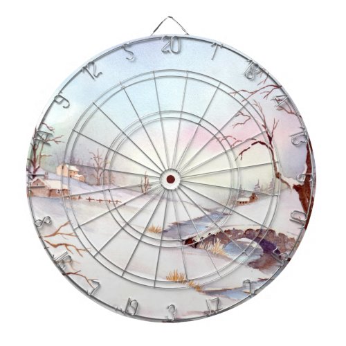 Snowy Bridge Watercolor Landscape Painting Dartboard With Darts