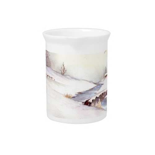 Snowy Bridge Watercolor Landscape Painting Drink Pitcher