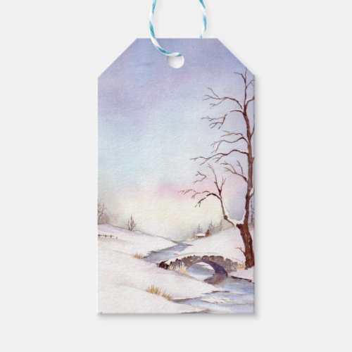 Snowy Bridge Watercolor Landscape Painting Gift Tags