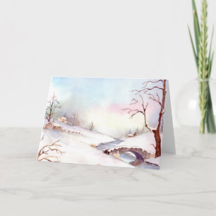 Snowy Bridge Watercolor Landscape Painting Holiday Card