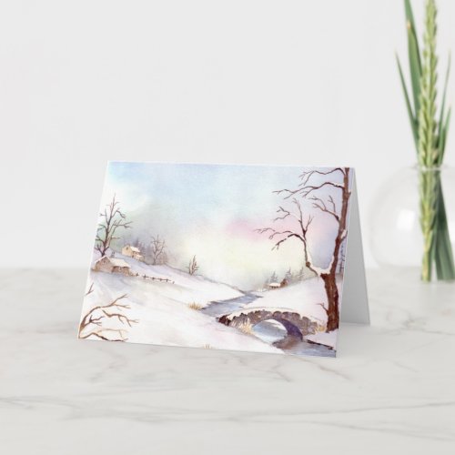 Snowy Bridge Watercolor Landscape Painting Holiday Card