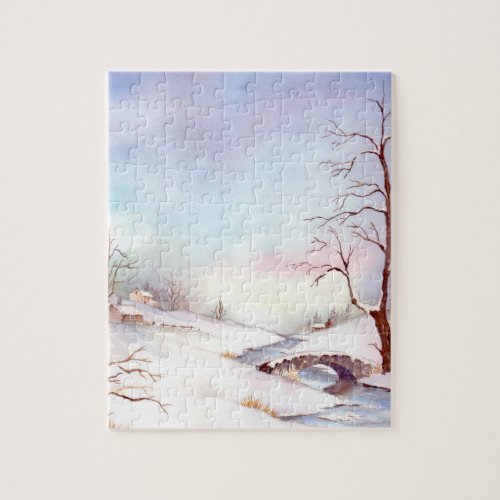 Snowy Bridge Watercolor Landscape Painting Jigsaw Puzzle