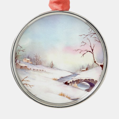Snowy Bridge Watercolor Landscape Painting Metal Ornament