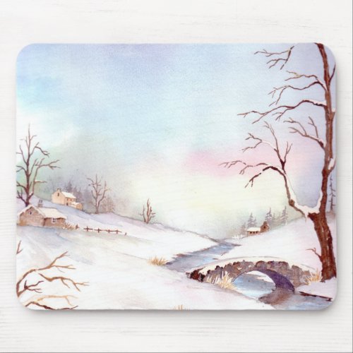 Snowy Bridge Watercolor Landscape Painting Mouse Pad