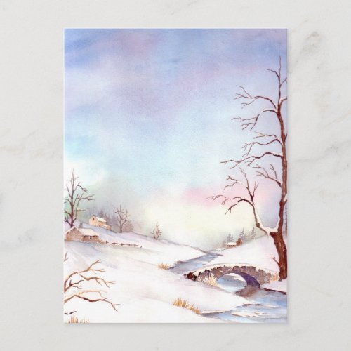 Snowy Bridge Watercolor Landscape Painting Postcard