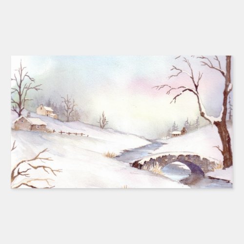 Snowy Bridge Watercolor Landscape Painting Rectangular Sticker