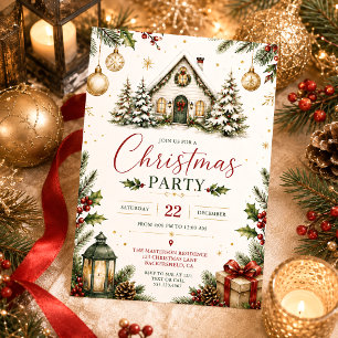 Snowy Cabin Holly Berries Gold Baubles Christmas Invitation