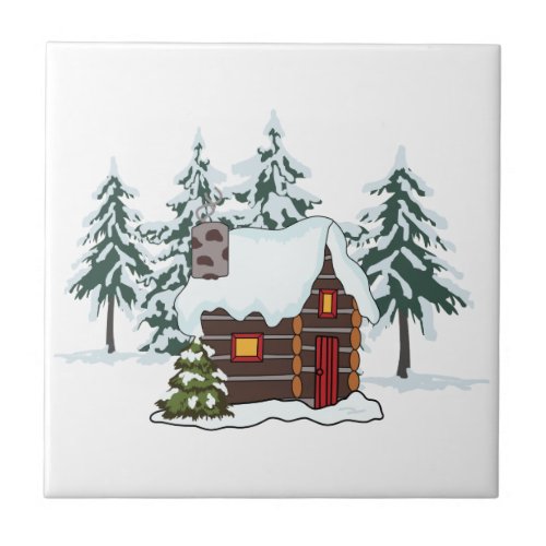 Snowy Cabin Scene Ceramic Tile