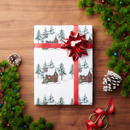 Snowy Cabin Scene Wrapping Paper
