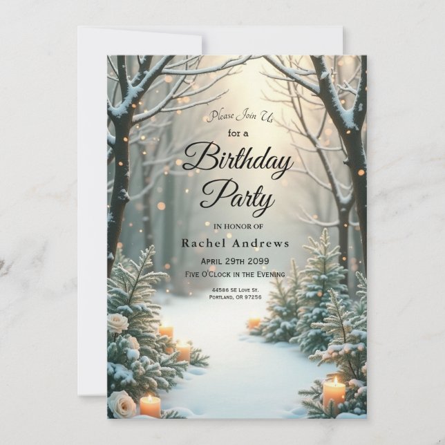 Snowy Candlelit Frosted Evergreens Invitation (Front)