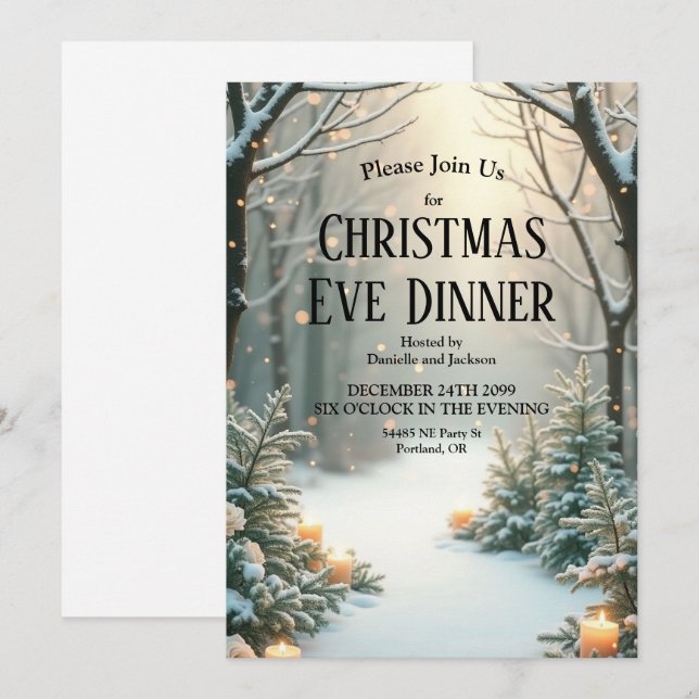 Snowy Candlelit Frosted Evergreens Invitation (Front/Back)