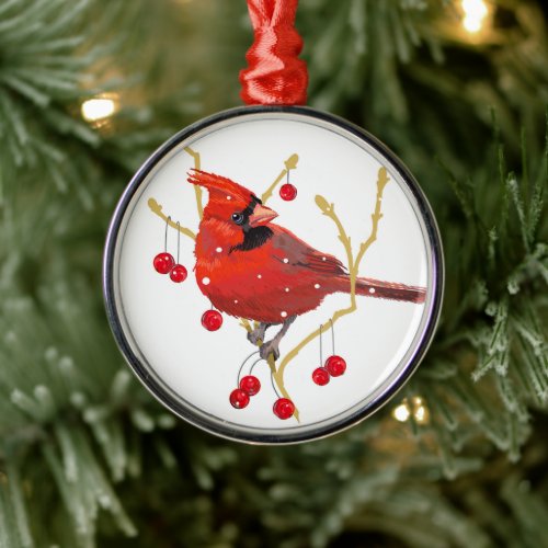 Snowy Cardinal Christmas Metal Ornament