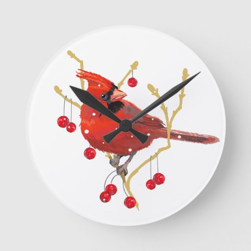 Snowy Cardinal Winter Round Clock