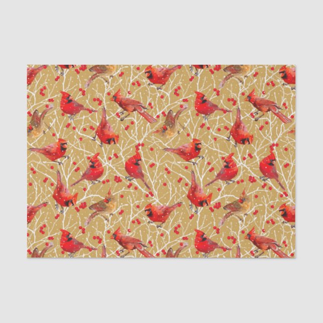 Snowy Cardinals + Winterberries Christmas | Golden Tissue Paper (Front)