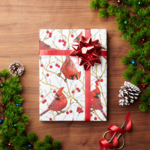 Snowy Cardinals + Winterberries Christmas   White  Wrapping Paper