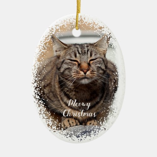 Snowy cat on Christmas Ceramic Ornament