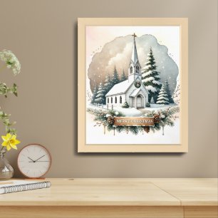 Snowy Chapel at Night Glowing Christmas Scene Framed Art