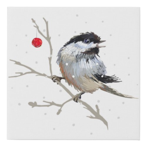 Snowy Chickadee Christmas Faux Canvas Print