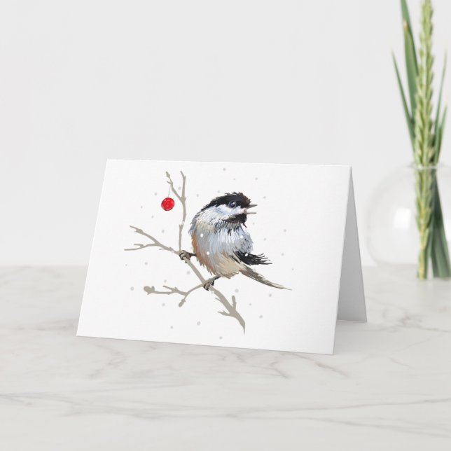 Snowy Chickadee Christmas Letterpress Thank You Card (Front)