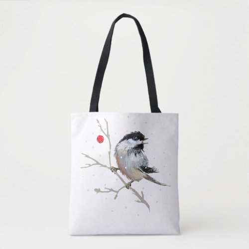 Snowy Chickadee Christmas Tote Bag