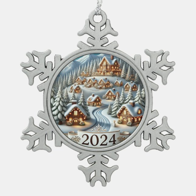 Snowy Christmas 2024  Snowflake Pewter Christmas Ornament (Front)