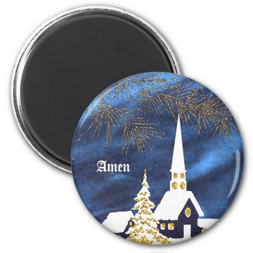 Snowy Christmas Church Amen Magnet