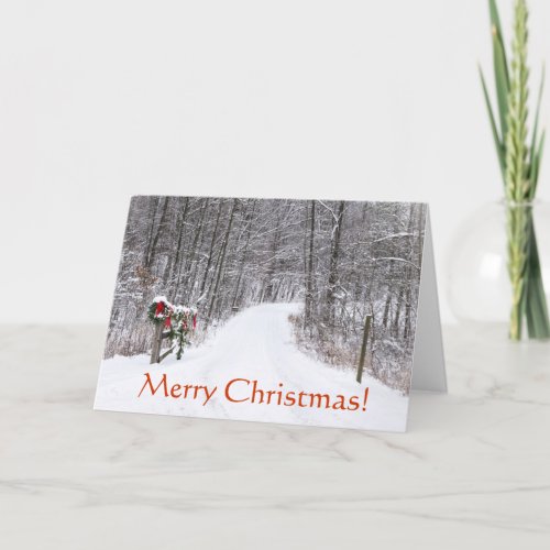 Snowy Christmas Country Lane with Wreath on Gate Holiday Card