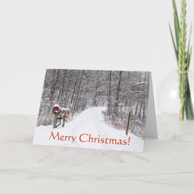 Snowy Christmas Country Lane with Wreath on Gate Holiday Card (Front)