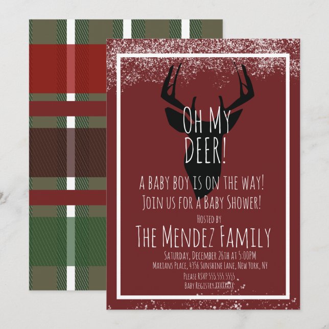 Snowy Christmas Deer Plaid Baby Shower Invitation (Front/Back)