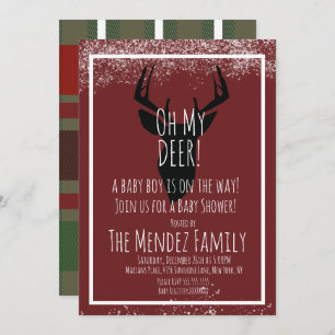 Snowy Christmas Deer Plaid Baby Shower Invitation