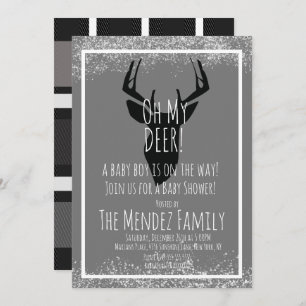 Snowy Christmas Deer Plaid Baby Shower Invitation