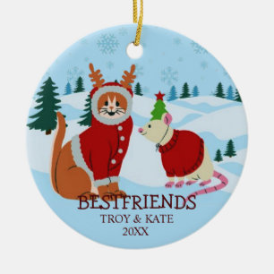 Snowy Christmas Friends – Cat and Rat Holiday Ceramic Ornament