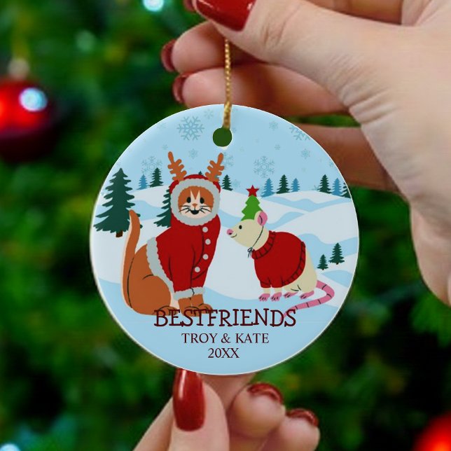 Snowy Christmas Friends – Cat and Rat Holiday  Ceramic Ornament (Creator Uploaded)