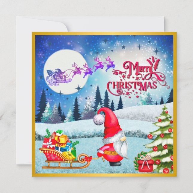 Snowy Christmas Gnome And Santa's Sleigh Gifts Card (Front)