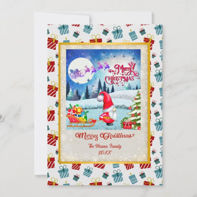 Snowy Christmas Gnome And Santa's Sleigh Gifts Holiday Card (Front)