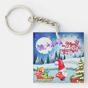 Snowy Christmas Gnome And Santa's Sleigh Gifts Keychain