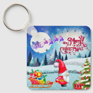 Snowy Christmas Gnome And Santa's Sleigh Gifts Keychain