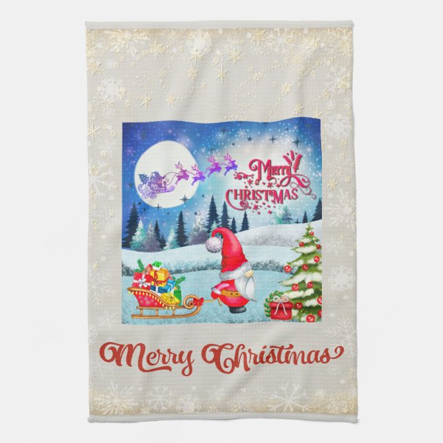 Snowy Christmas Gnome And Santa's Sleigh Gifts Kitchen Towel (Vertical)