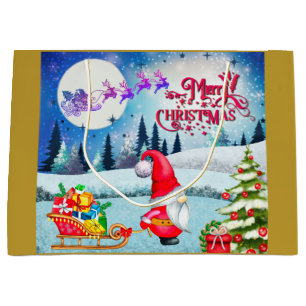 Snowy Christmas Gnome And Santa's Sleigh Gifts Large Gift Bag