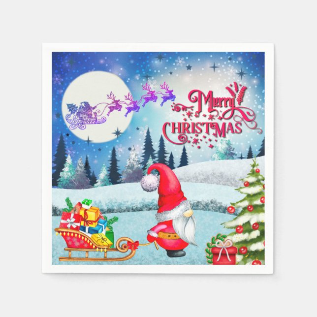 Snowy Christmas Gnome And Santa's Sleigh Gifts Napkins (Front)