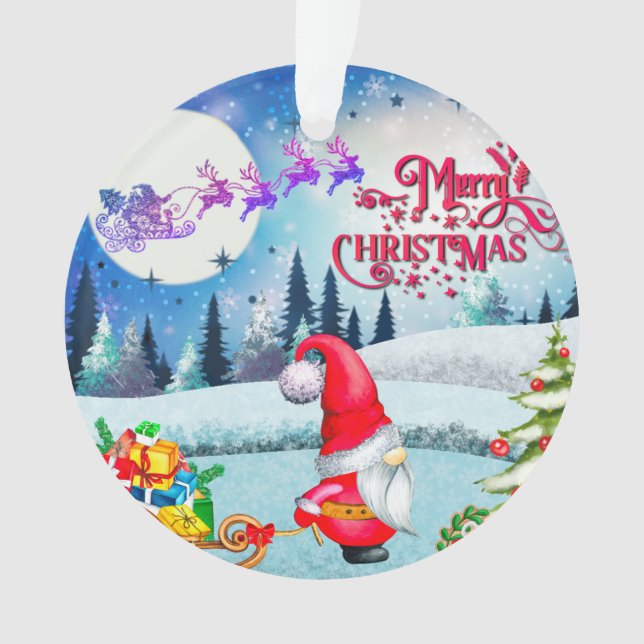 Snowy Christmas Gnome And Santa's Sleigh Gifts Ornament (Front)