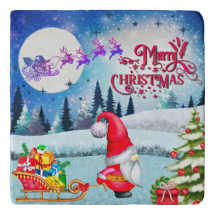 Snowy Christmas Gnome And Santa's Sleigh Gifts Trivet