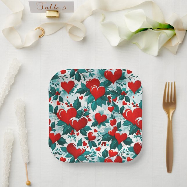Snowy Christmas Hearts Red Green and White Paper Plates (Wedding)