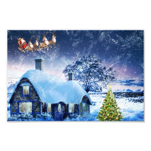 Snowy Christmas House and Santa Photo Print