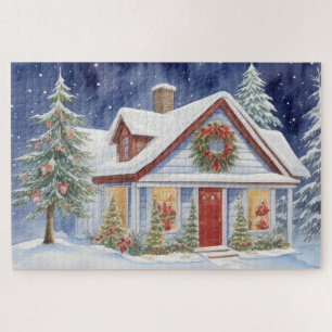 Snowy Christmas House Winter Painting Watercolor Jigsaw Puzzle