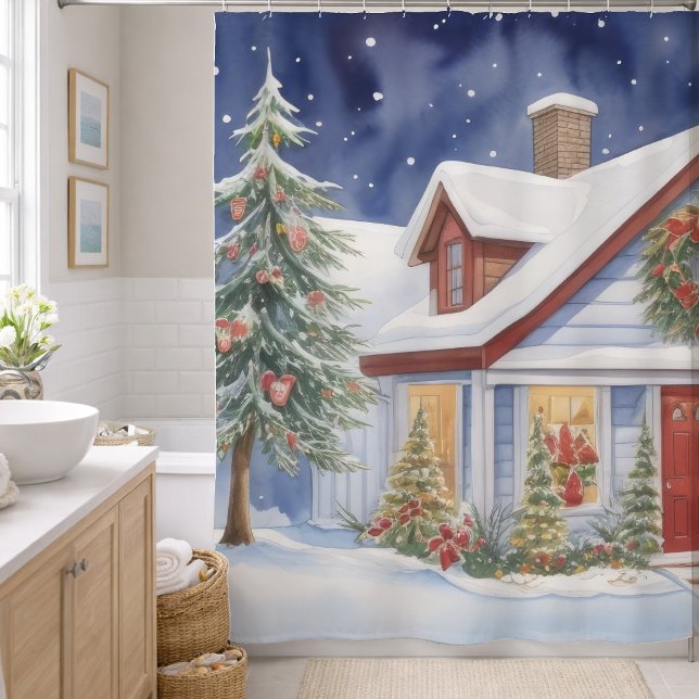 Snowy Christmas House Winter Painting Watercolor Shower Curtain (Creator Uploaded)