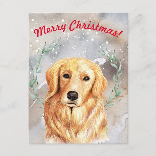 Snowy Christmas illustration with golden retriever Postcard