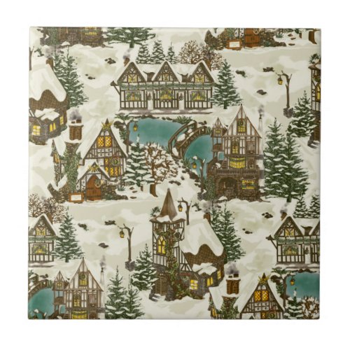Snowy Christmas in Tudor Village Colorful Ceramic Tile